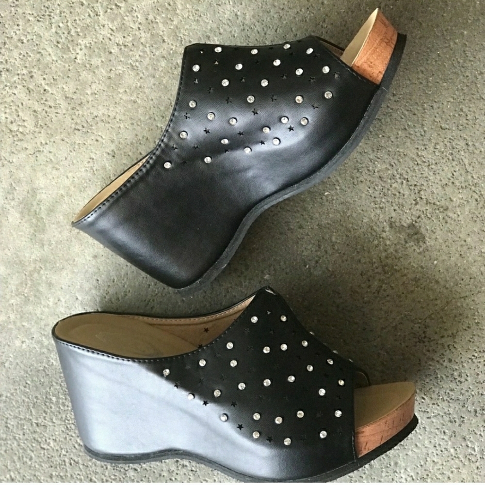 Italina Black Comfort Rhinestone Platform Wedge